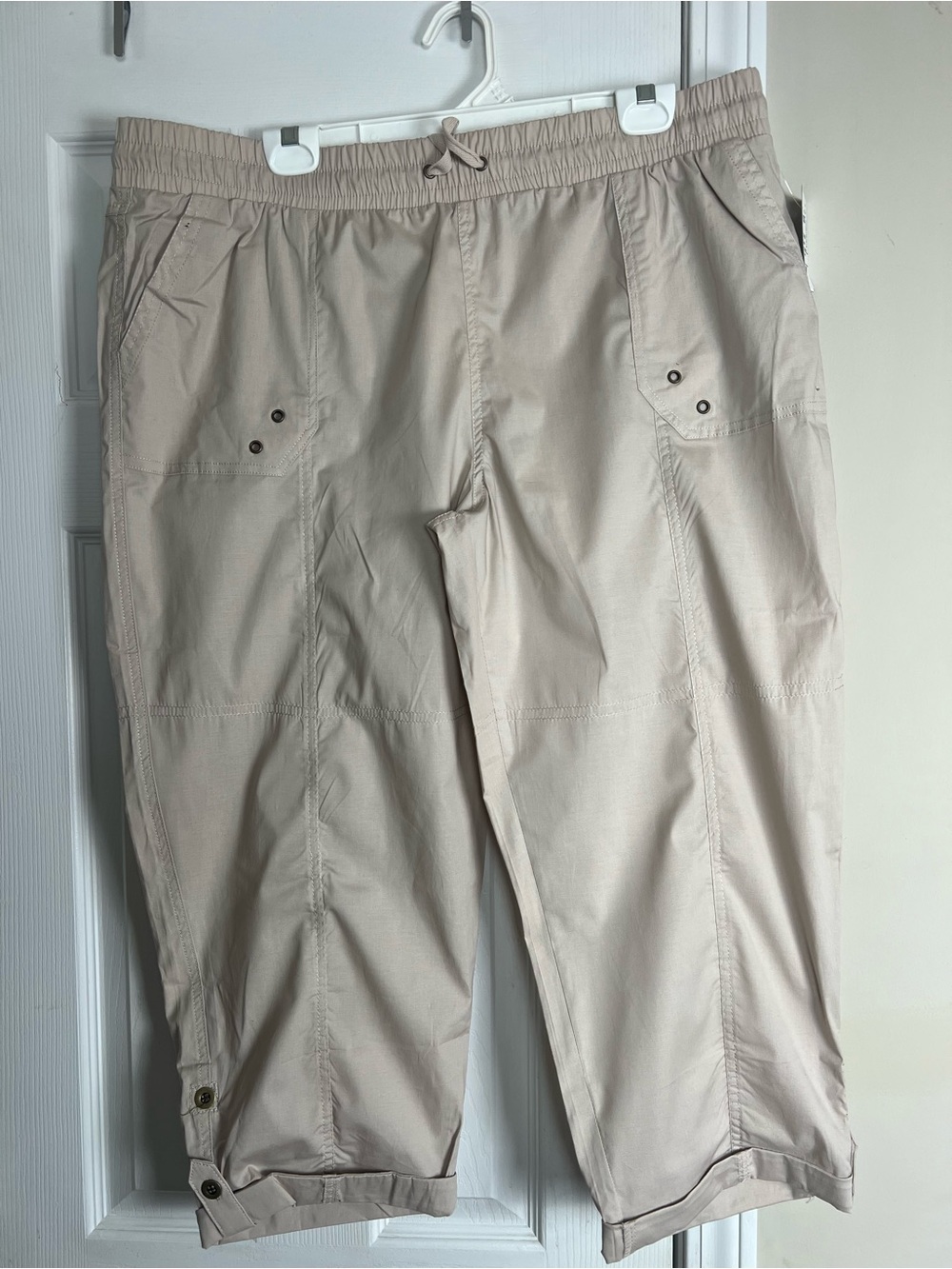 Palm Rio Utility Capri Pants XL NWT Beige Drawstring Roll Tab Crop